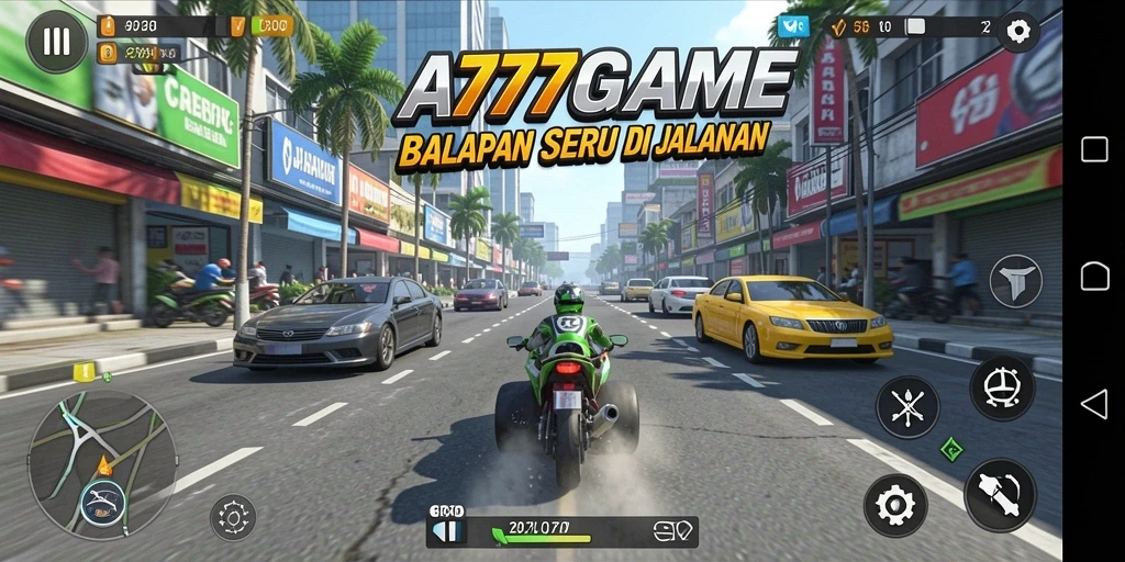 Tangkapan layar gameplay A777GAME menampilkan mobil balap di trek yang menantang.