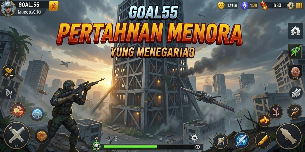 Tampilan menarik dari gameplay menara pertahanan di GOAL55.