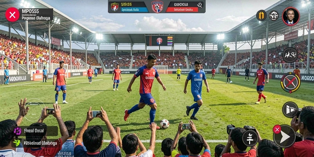 Tampilan gameplay MPO555 dengan aksi sepak bola yang mendebarkan.