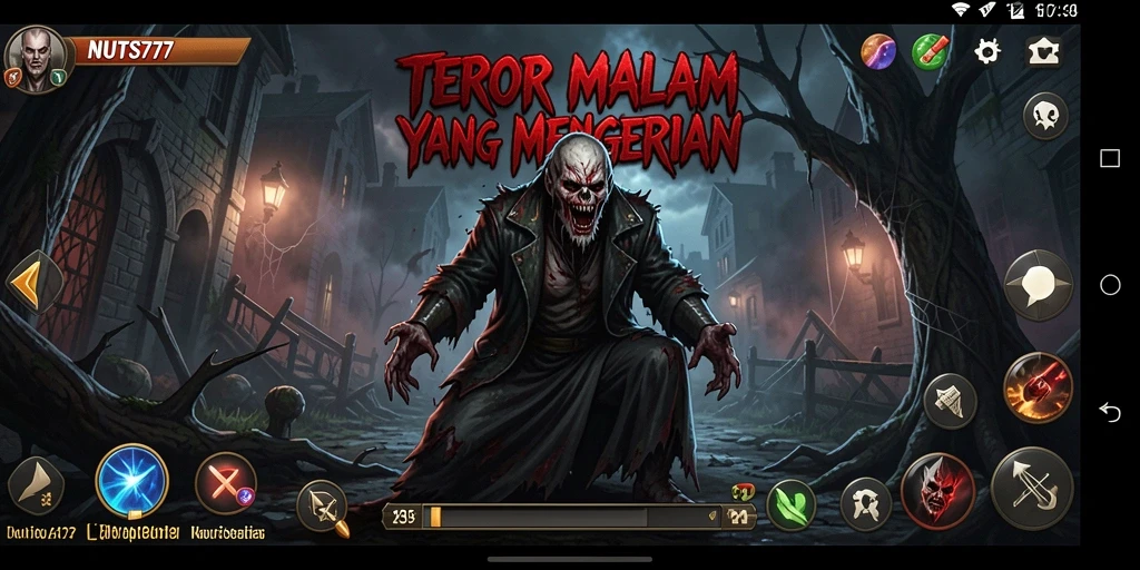 Screenshot gameplay NUTS777 menampilkan suasana mencekam dan monster menyeramkan.