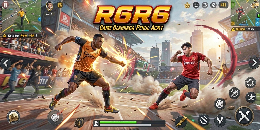 Gameplay R6R6 menampilkan aksi penuh semangat di lapangan olahraga.