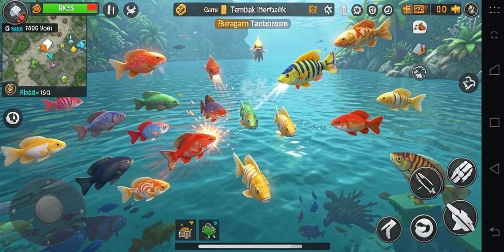 Tampilan gameplay RK55 menampilkan aksi menembak ikan yang seru dan menantang.